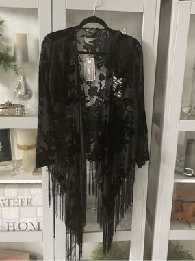 DC Sheer Black Velvet Burnout Fringe Kimono Cover-Up